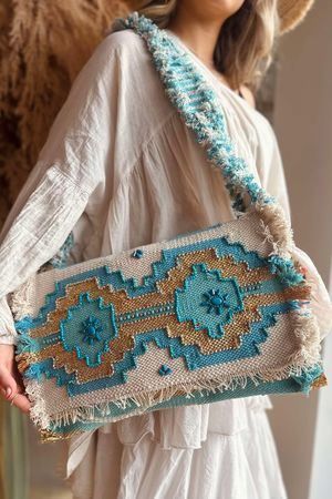 Naxos Ikat Beaded Clutch Bag Aqua